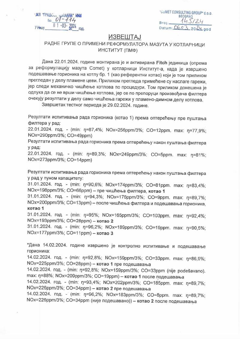 First page of the document: Independent test report — Gradska toplana Niš (district heating utility)